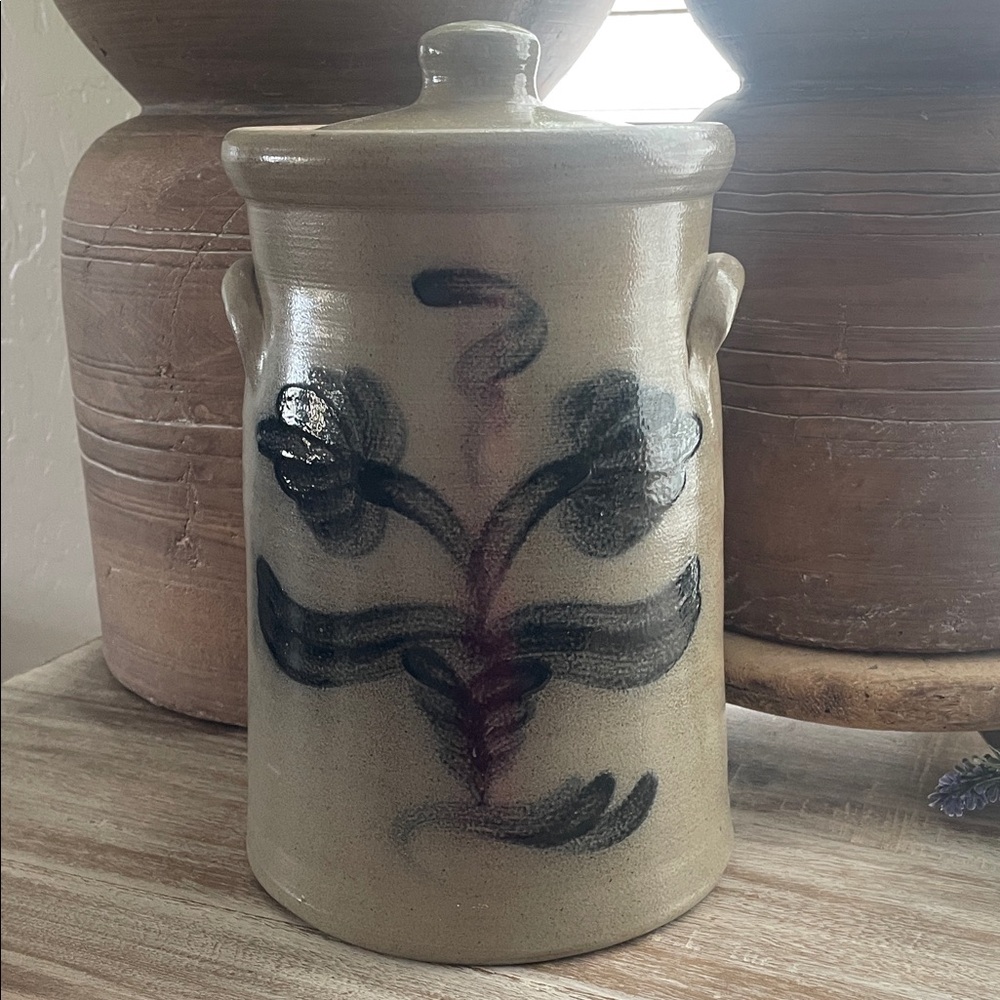 Vintage 1988 Stamped Stoneware Crock - Neutral with Rare Black Floral Design